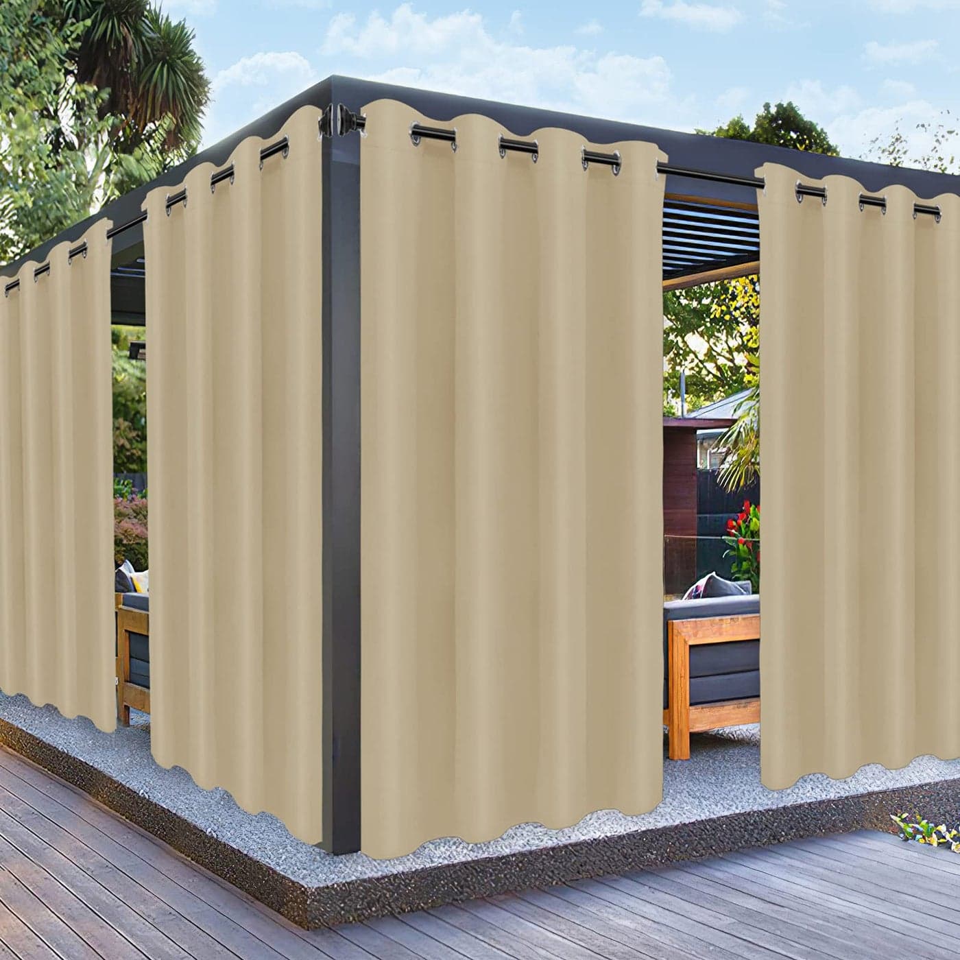 PureFit Outdoor Curtains for Patio Waterproof Weatherproof UV and Fade Resistant Outside Curtains for Gazebo Front Porch Pergola Sun Blocking Privacy Curtain 52W x 120L inch 1 Panel Beige