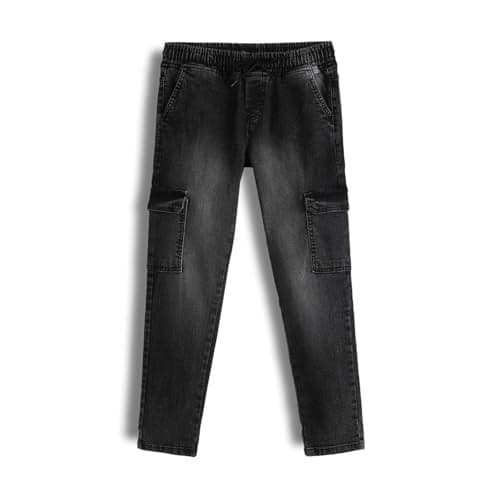 Urbano Juniors Boy's Black Regular Fit Washed Denim Cargo Jogger Jeans Stretchable (junjogregcargopultwlboy-black-11-12)