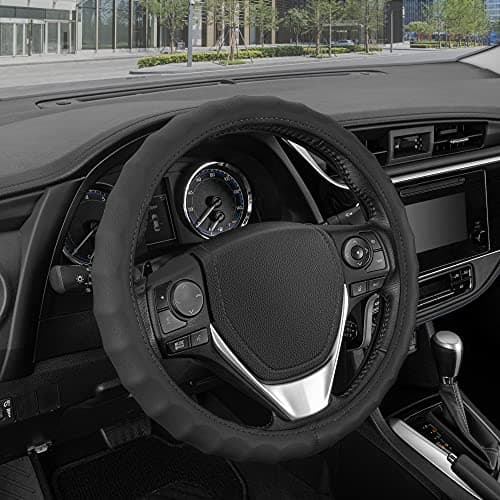 BDK Genuine Black Leather Steering Wheel Cover for Car, Small (13.5" - 14.5") – Ergonomic Comfort Grip for Men & Women, Car Steering Wheel Cover for Vehicles with Small Steering Wheels