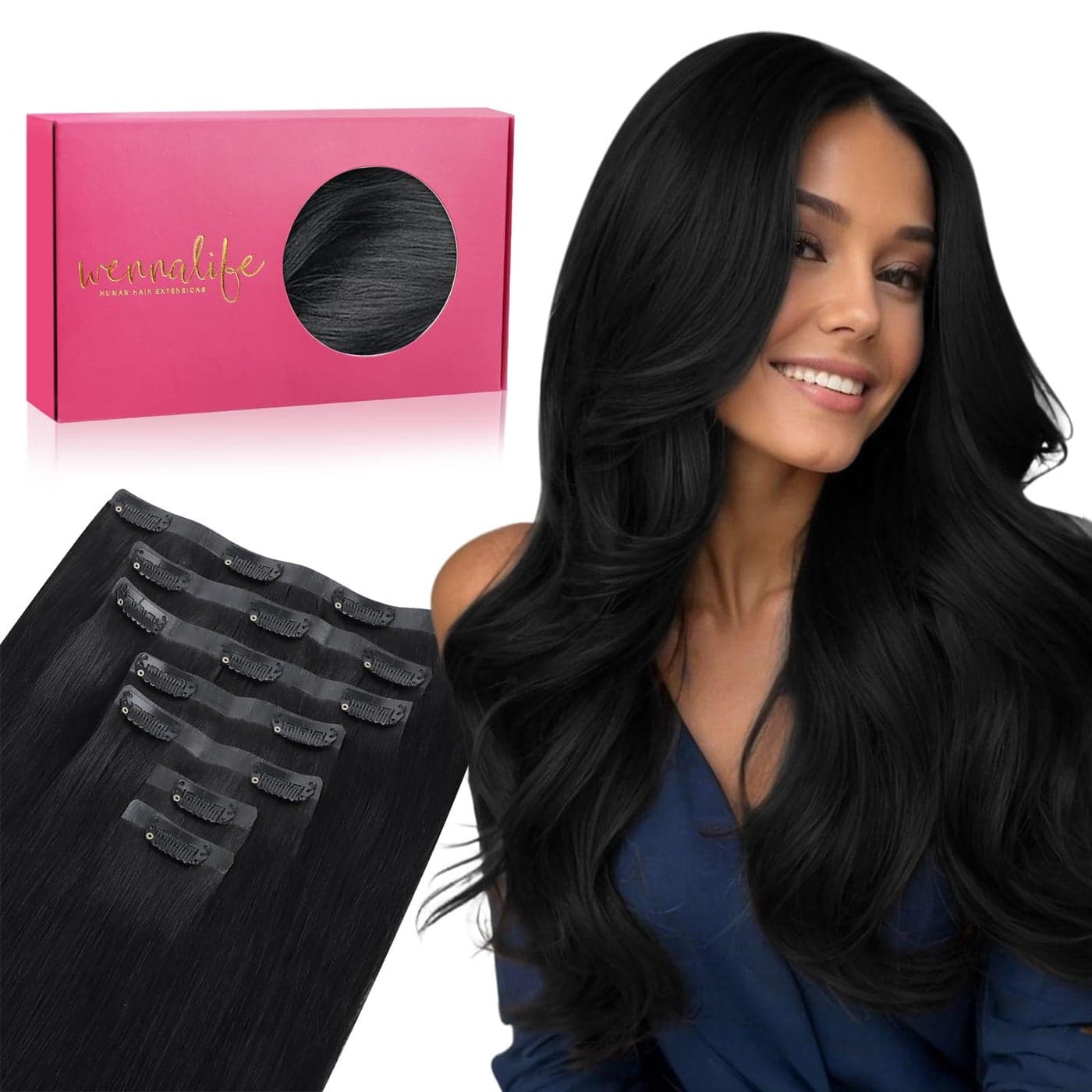 WENNALIFE Seamless Clip In Hair Extensions 22 Inch 150g 7pcs Jet Black Hair Extensions Clip in Human Hair Invisible PU Skin Weft Natural Remy Human