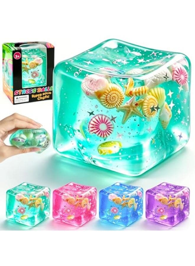 1Pc Ice Cube Squishy Stress Balls,Slow Rising Sensory Fidget Toy with Marine Shells Inside Square Soft Sensory Anxiety Relief Squeeze Cube for Adults Teens Kids(Green)