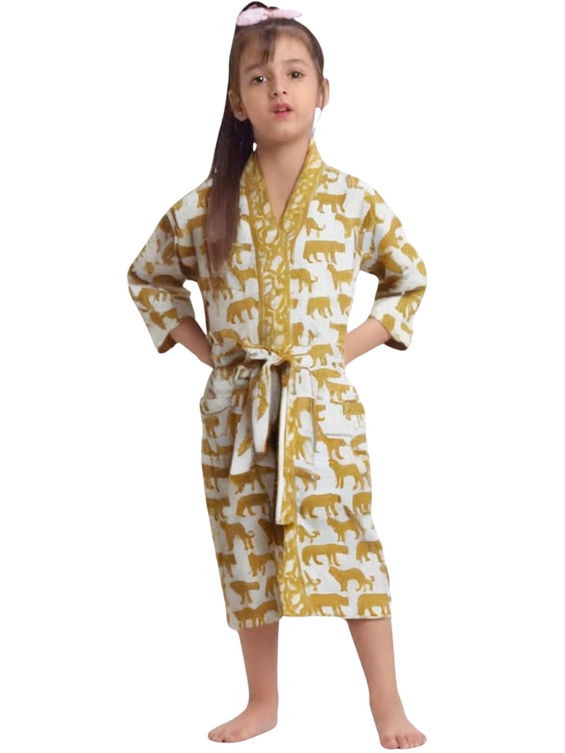 LIVING ROOTS Cotton Waffle Handblock Printed Unisex Kids Bathrobe Free Size Set Of 1 91008KIDS