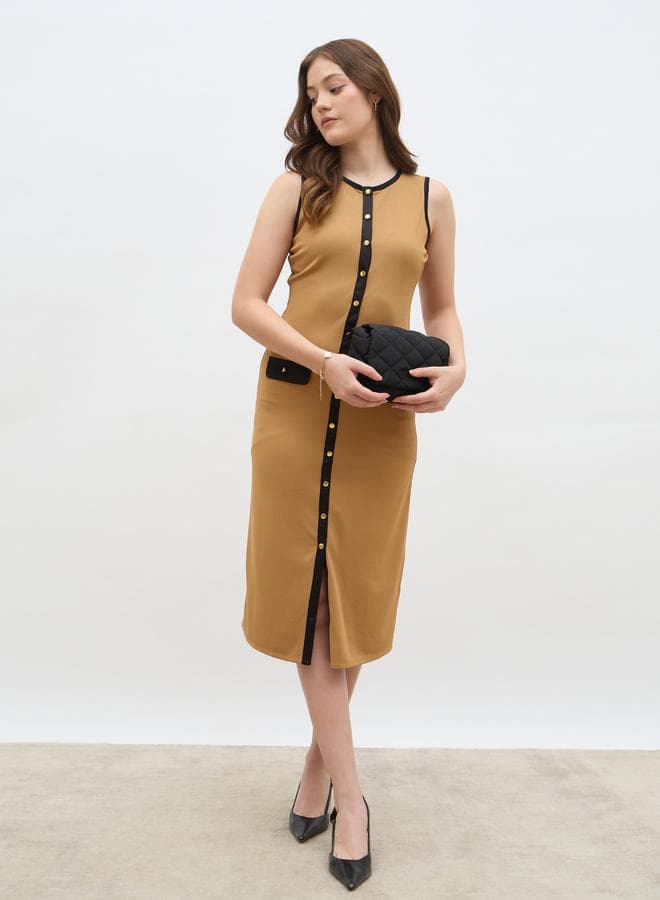 Styli Women Beige Contrast Trim Sleeveless Sheath Midi Dress with Button Front