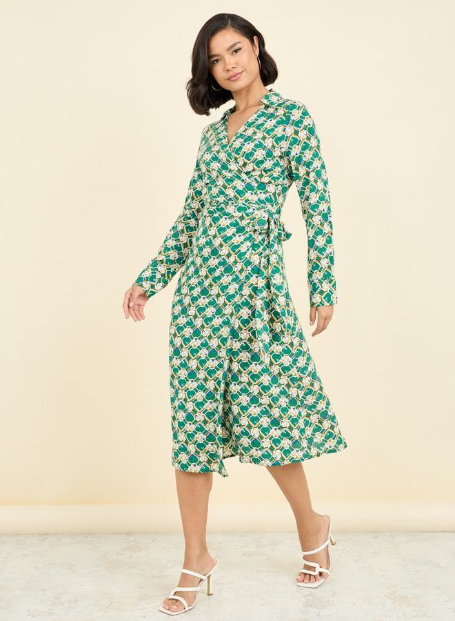 Styli All Over Print Self Tie Up Collared Wrap Midi Dress