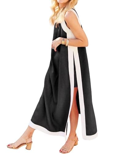 Hooever Womens 2 Piece Sets Boho Color Block Sleeveless Maxi Dress Matching Shorts with PocketsBlackM