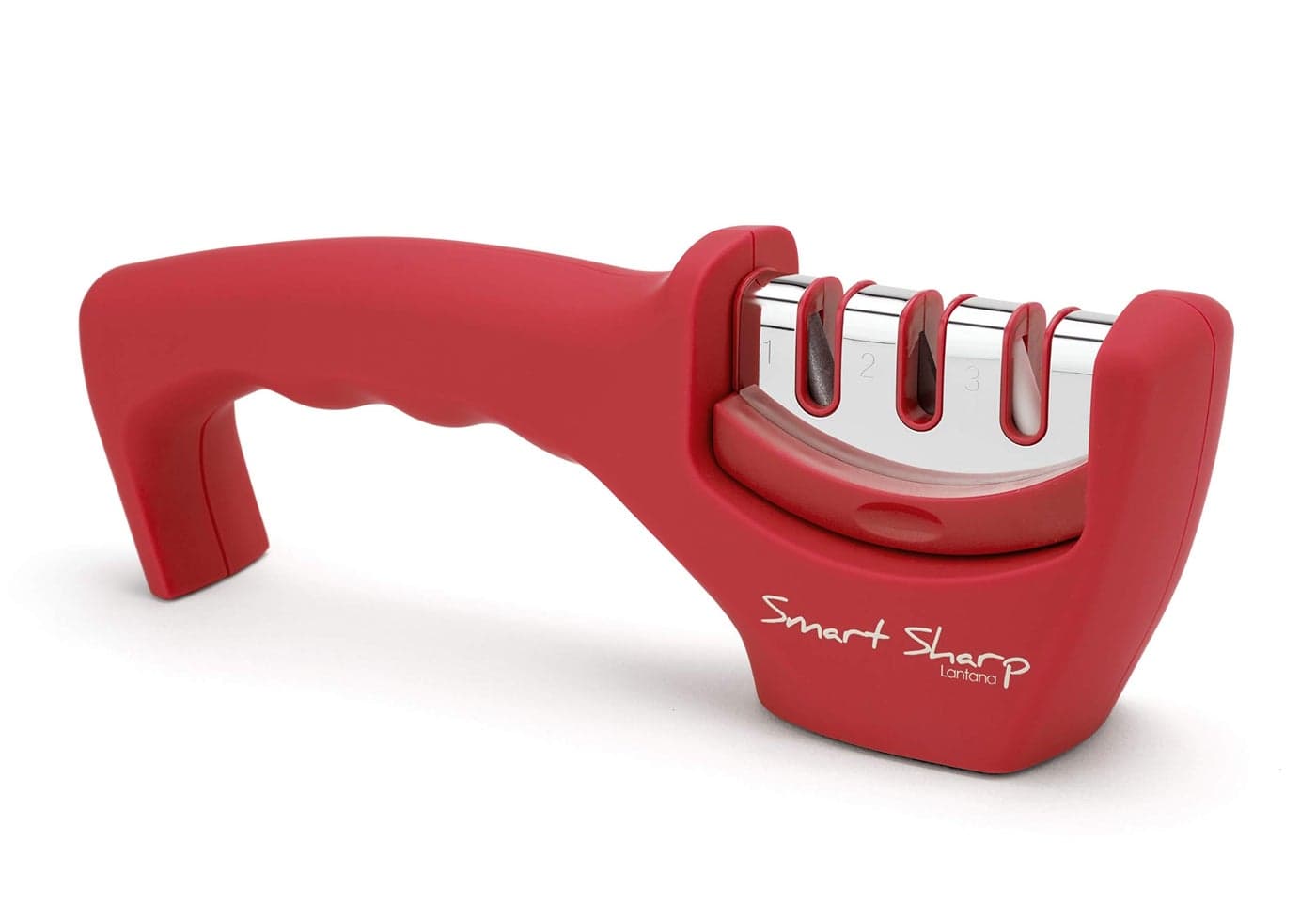 Lantana Smart Sharp Knife Sharpener Professional 3 Stage Manual Sharpener for Sharpening Kitchen Knives Ceramic Stone Tungsten Carbide Plates Diamond rods Ergonomic Design RedChrome Finish