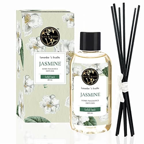Soul & ScentsPlastic 300Ml Reed Diffuser Refill For Jasmine Fragrance | Free 12 Fiber Reed Sticks | Long Lasting | Smoke Less Room Freshener For Home, Bedroom, Living Room & Office