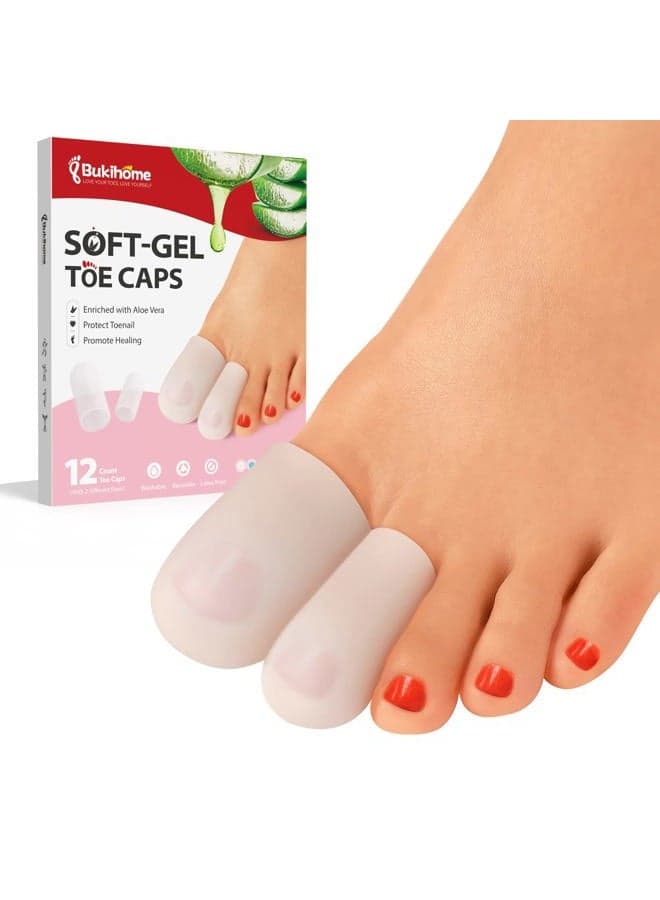 12 Pack Toe Protectors, Aloe Vera Extract Infused Gel Toe Caps Toe Covers, Big Toe Protectors for Corns, Blisters, Ingrown Toenails, Calluses, Toe Cushions for Pain Relief