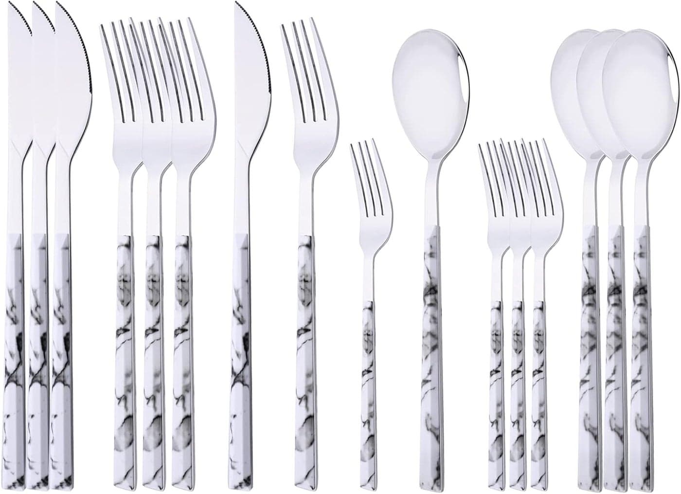 16Piece Silverware Set with Dessert Fork Stainless Steel Flatware Cutlery Set for 4 Mirror Finish Tableware Utensil Set Marble Texture Handle Include Knife Fork SpoonWhite Silver