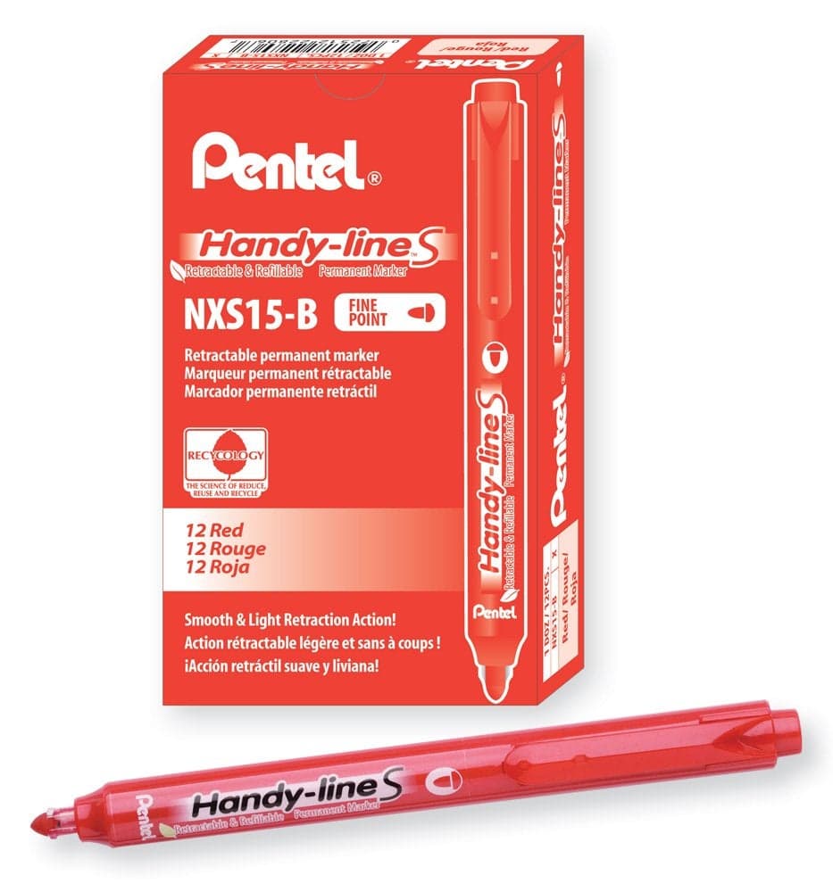 Pentel Handy-line S Retractable and Refillable Permanent Marker, Red Barrel, Red Ink, Box of 12 (NXS15-B)