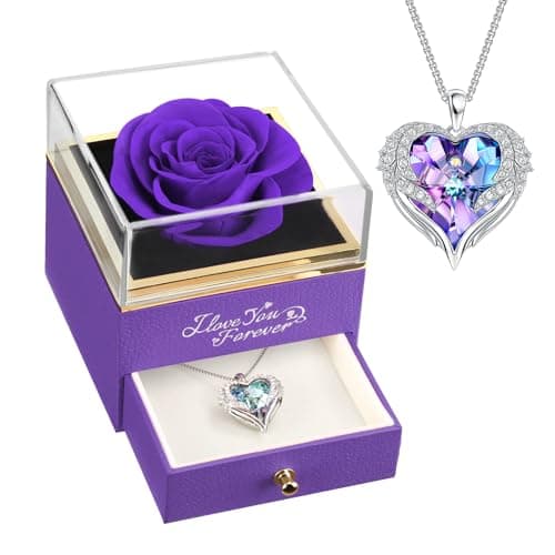 NEWNOVE Preserved Real Purple Rose with Angle Wings Necklace, Christmas Flowers Gifts for Mom Grandma Wife Girlfriend, I Love You Gifts for Her, Anniversary or Birthday Gifts for Women