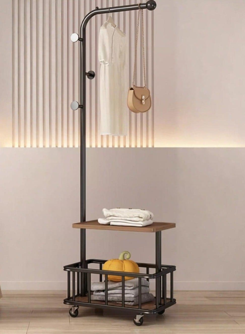 Movable Corner Coat Rack With Wheels,Entryway Corner Coats Stand,Freestanding Clothes Racks with Storage,Suitable for Living Room Home Mudroom Bedroom