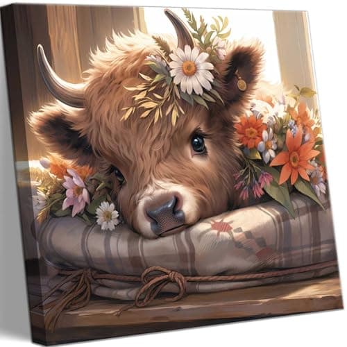 VeeFeng Cute Highland Cow Baby Canvas Wall Art Rustic Farmhouse Daisy Print Wall Decor Picture Amiable Baby Calf Poster Home Decoration Aesthetics forAny Scene Such As Bedroom and Living nursery Room