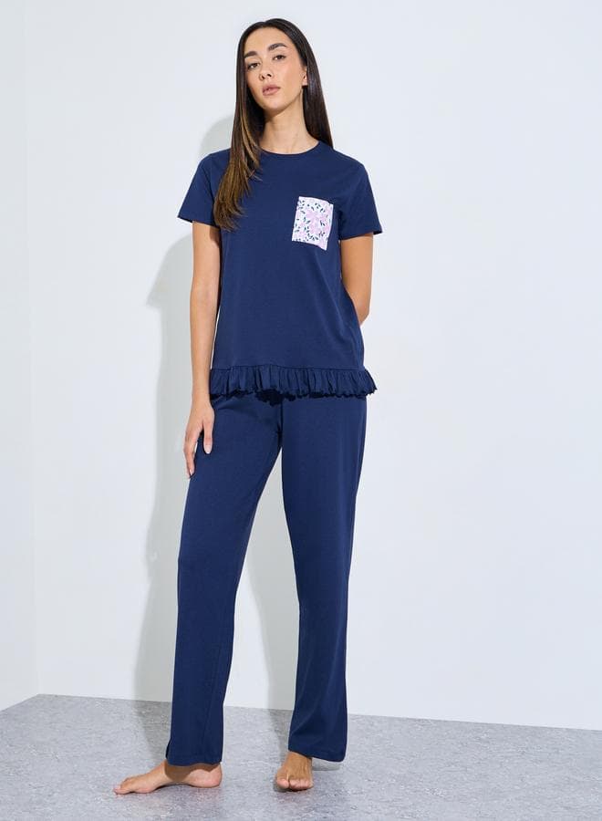 FLORAL PRINT POCKET RUFFLE SLEEVE TEE & PJ SET