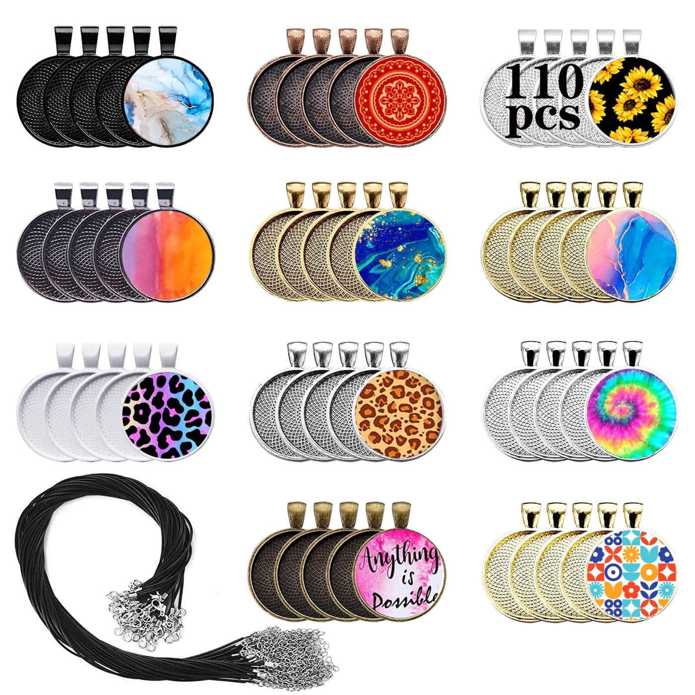 Csdtylh 110Pcs Pendant Trays Round Tray Set Alloy Tray Charms Bulk Bezel Pendant Trays for Homemade Jewelry and Necklaces DIY Crafts Resin Art Paint Pour Skins Costume Jewelry