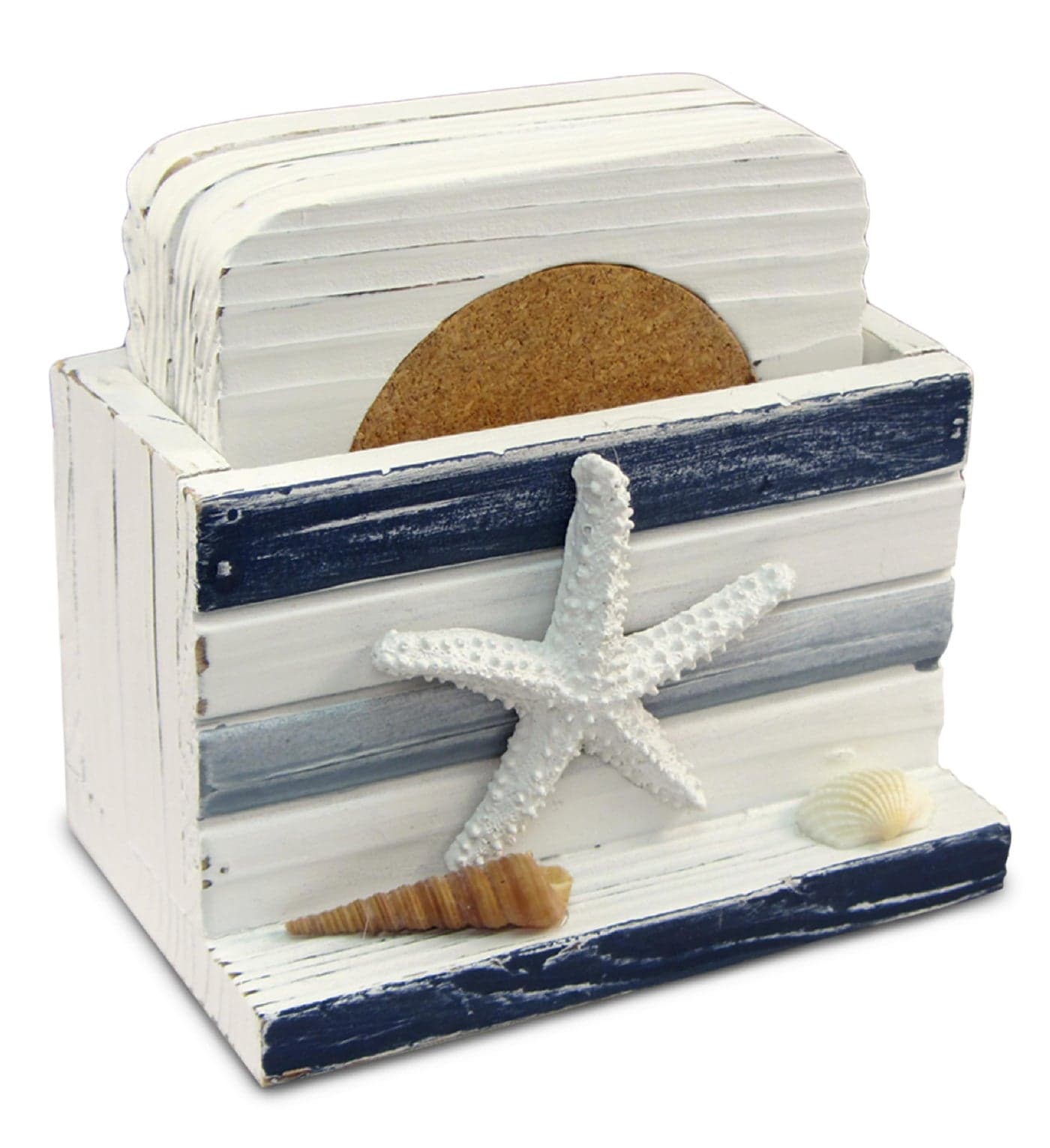 Puzzled White and Blue Stripes Wooden Nautical Coasters - Tabletop Wooden Coastal Decor for Home, Kitchen, Bar, Beach Themed Gifts Square Coasters Set of 4, Handmade Drink Coasters with Holder