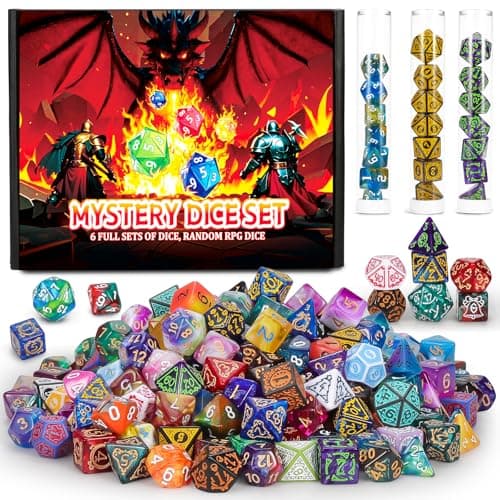 QMAY Mystery Dice Box 48PCS DND Dice Set Random Dice Patterns 6 Surprise Boxes Polyhedral Dice with Dice Display Tube DD Gifts Box for Dungeons and Dragons RPG MTGRole Playing Table Game