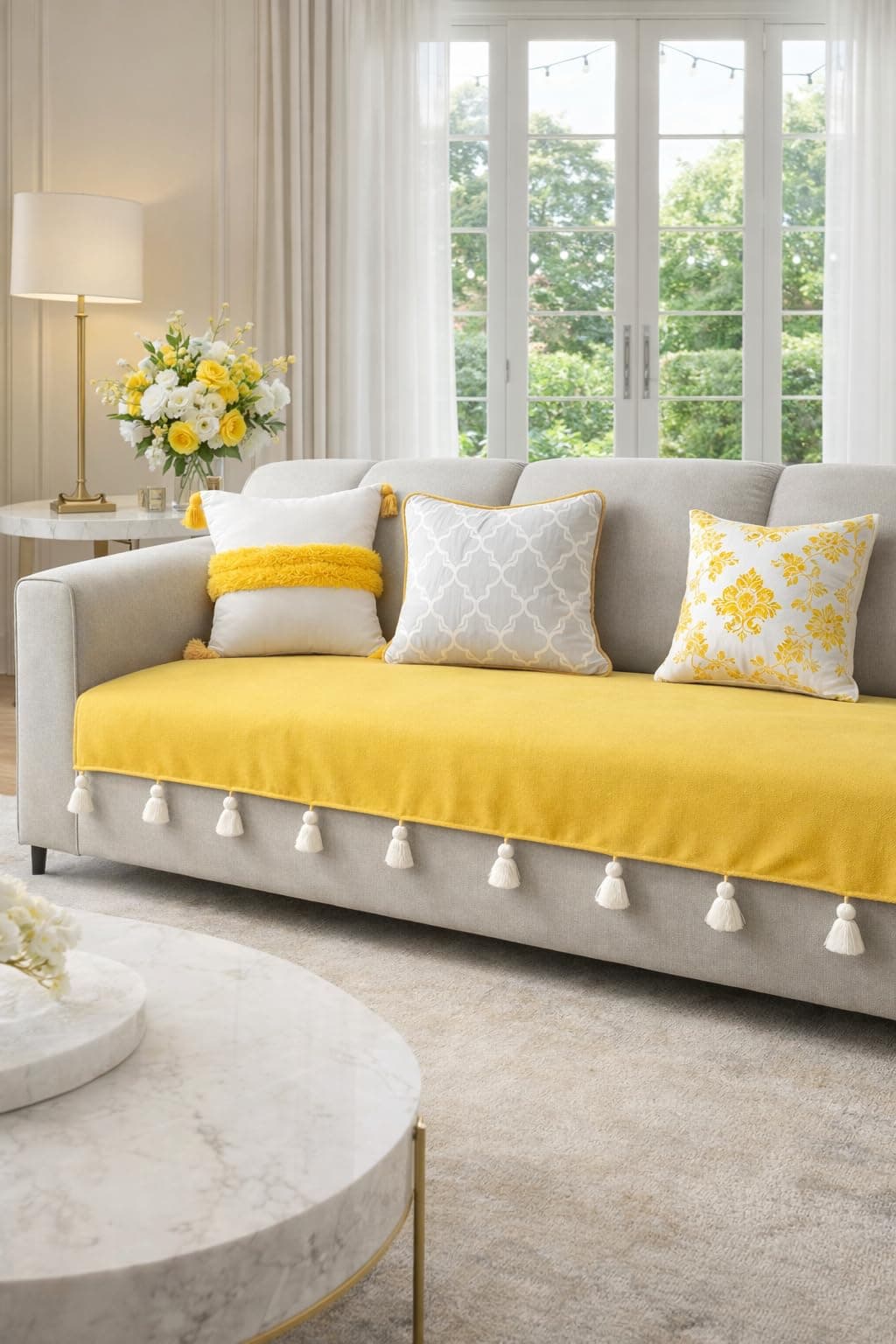 Yellow Sofa Cover White Tassels: Stylish Sofa Cover Set: Anti Slip, Heavy-Duty Sofa Cover, Durable&Wrinkle Free:Seat Sofa Throw- Set of 2 Seat Covers- L Shape Sofa Cover Set (2 Seater + Lounger)