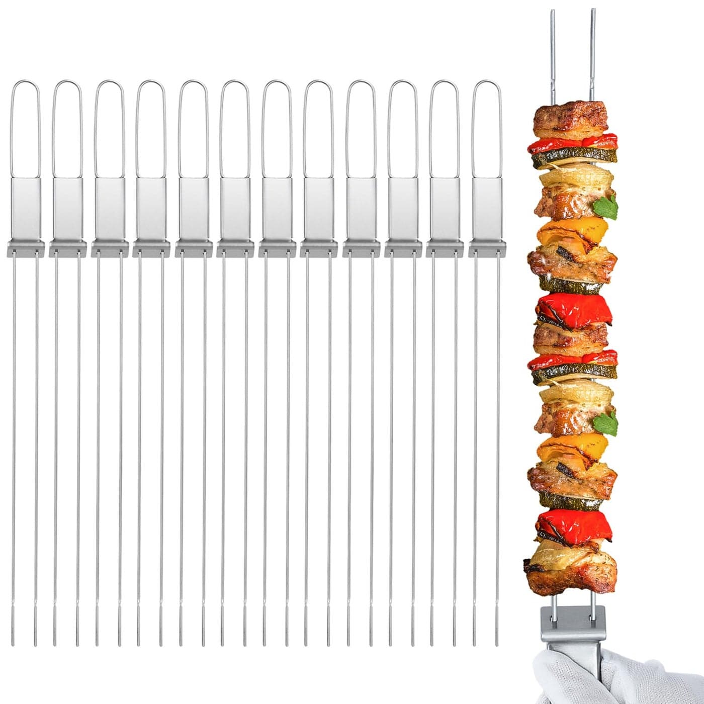 Lucalda Kabob Skewers 17 12 Pack Metal Skewers For Kabobs with Push Bar Double Pronged AntiRoll Flat BBQ Skewer for Grilling Stainless Steel Reusable Kebab Skewer for Meat Shrimp Chicken Veggie