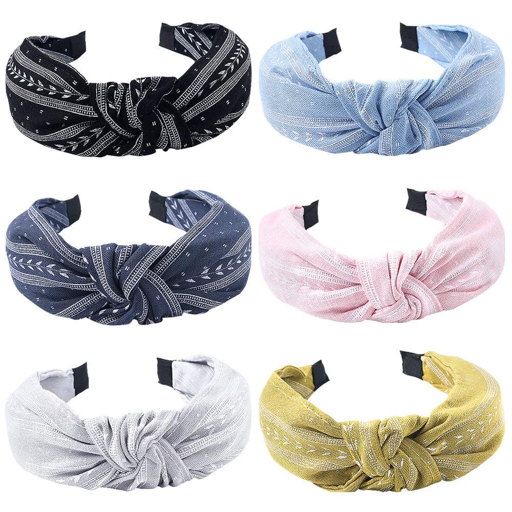 Ivyu Hairband 6 Pcs Headbands for Women Light Color Fashion Cottonflax Fabric Knotted Wide Band Accessories Cute Boho Beauty For Workout GYM Yoga Running