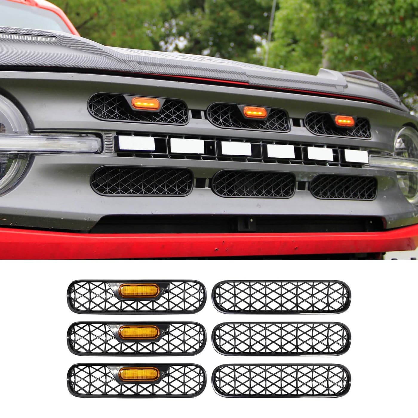 Front Mesh Grille Inserts Amber Light Compatible with 20212025 Ford Bronco Big Bend Outer Banks Grill Frame Trim Covers Accessories