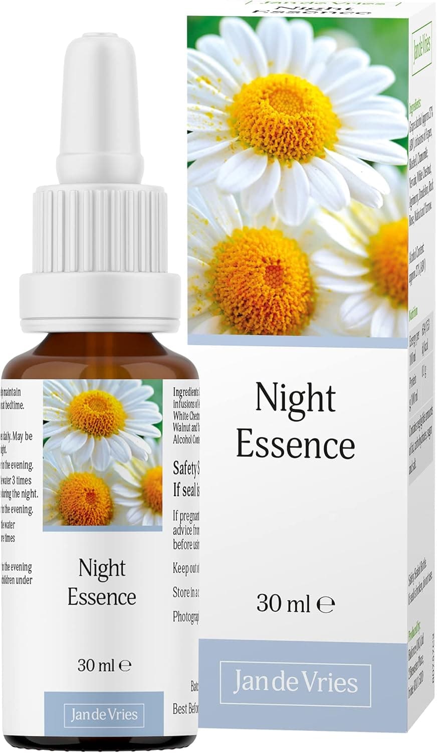 Jan De Vries Night Essence Promote Better Sleep Flower Essence Quieten an Overstimulated Mind Contains Chamomile Aspen Bluebell 30ml