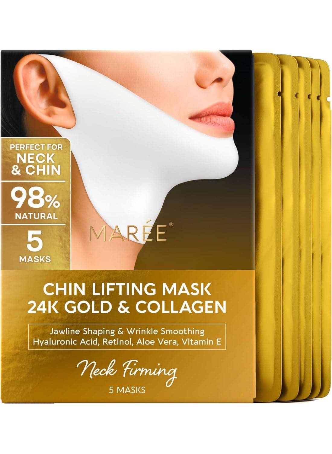 MAREE V Line Lifting Mask with 24K Gold - Deep Collagen Jawline Shaper Mask with Retinol for Face Lift - Facial Skincare Chin Strap - Hyaluronic Acid, Vitamin E - 5 PACK