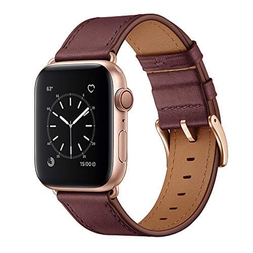 OUHENG Leather Bands Compatible with Apple Watch Band 49mm/46mm/45mm/44mm/42mm, Genuine Leather Strap for iWatch Series 11/10/9/8/7/6/5/4/3/2/1 & Ultra 3/2/1 & SE3 SE2 SE, Wine Red/Rose Gold