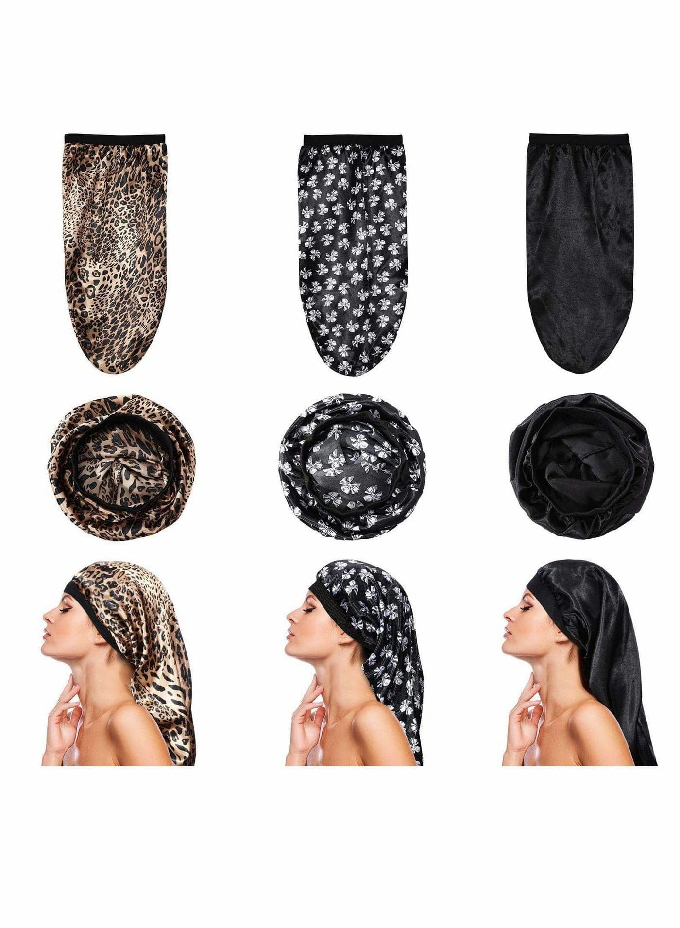 Satin Sleep Cap, Long Braids Hair, Silk Long Satin Bonnet Sleep Cap, Soft Elastic Band Loose Cap Bonnets Night Hat Good Sleeping for Women Dreadlocks, Braid Long Hair, Curly Hair, 3 Pack