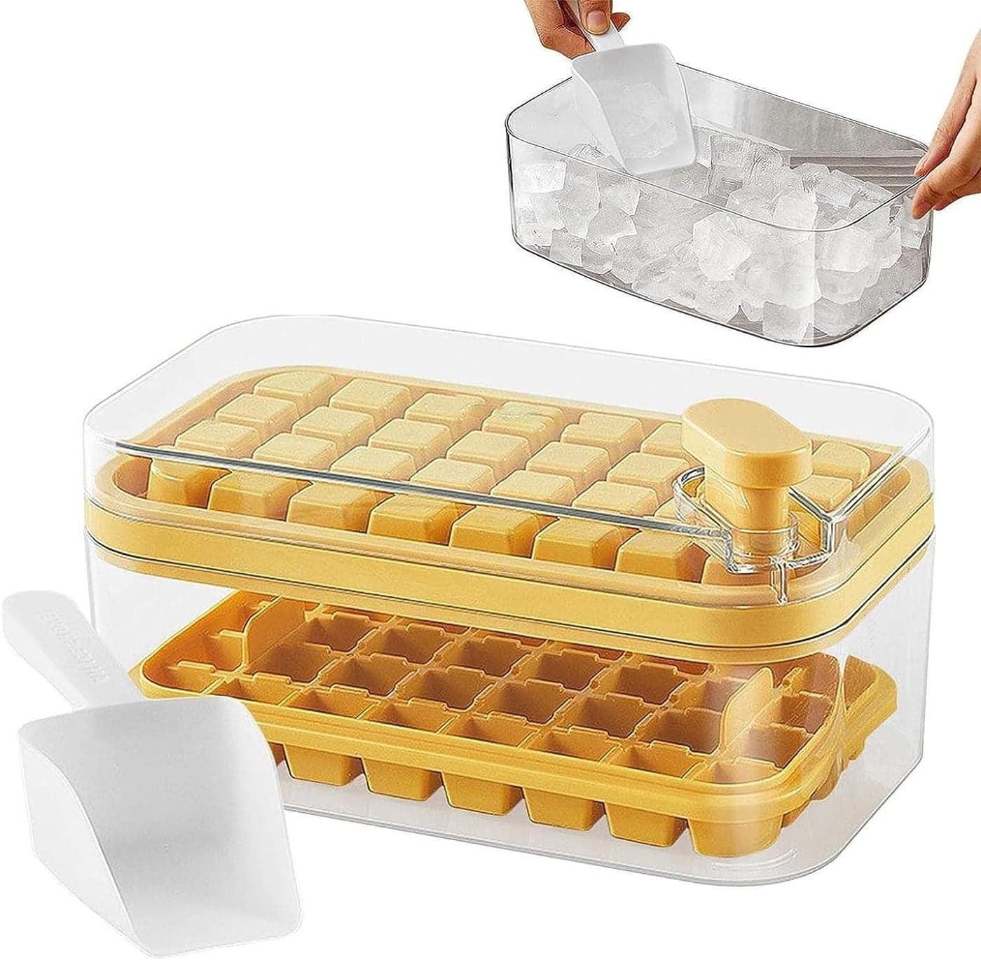 Homecloud 2 Layer Ice Cube Tray with Lid Bin Square Ice Cubes Molds with Ice Scoop One Tap Easy Release Save Space BPA Free Ice Cube Storage Container 64 Ice Cubes Yellow
