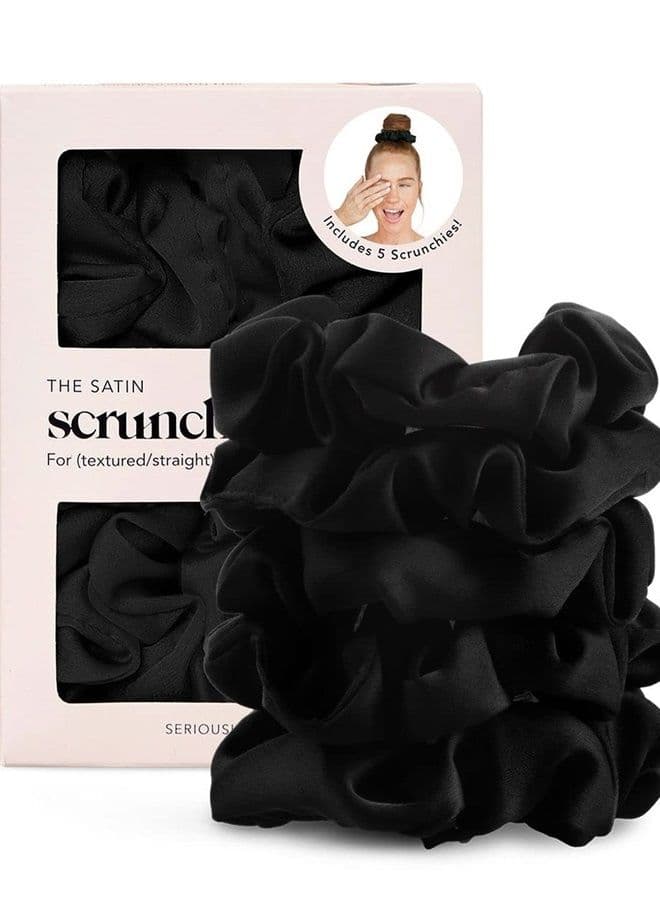 Satin Hair Scrunchies for Women - Softer Than Silk Scrunchies for Hair | Satin Scrunchies for Girls & Stylish Satin Hair Ties for Women | Cute Satin Hair Scrunchie for Styling, 5 pack (Black)