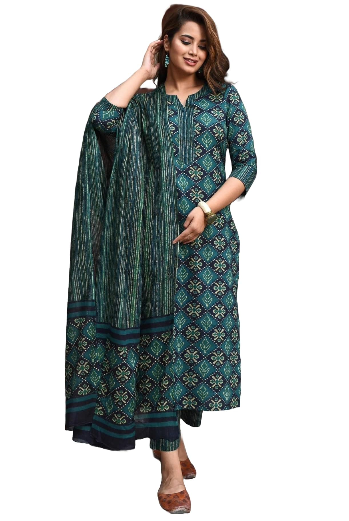 Yashika Women's Printed Cotton Blend Straight Kurta Pant Dupatta Set - Stylish Ethnic Wear for Women (AZ-YS-OG-KS2116-XL) Green