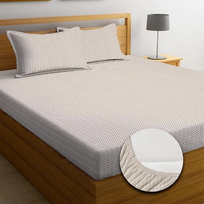NEW LEAF Premium Cotton 210 tc Elastic Fitted Bedsheets with 2 Pillow Covers | Double/King Bed with All Around Elastic Wrinklefree Supersoft Breathable |Size-78 x72+8 inches |Texture, Off White