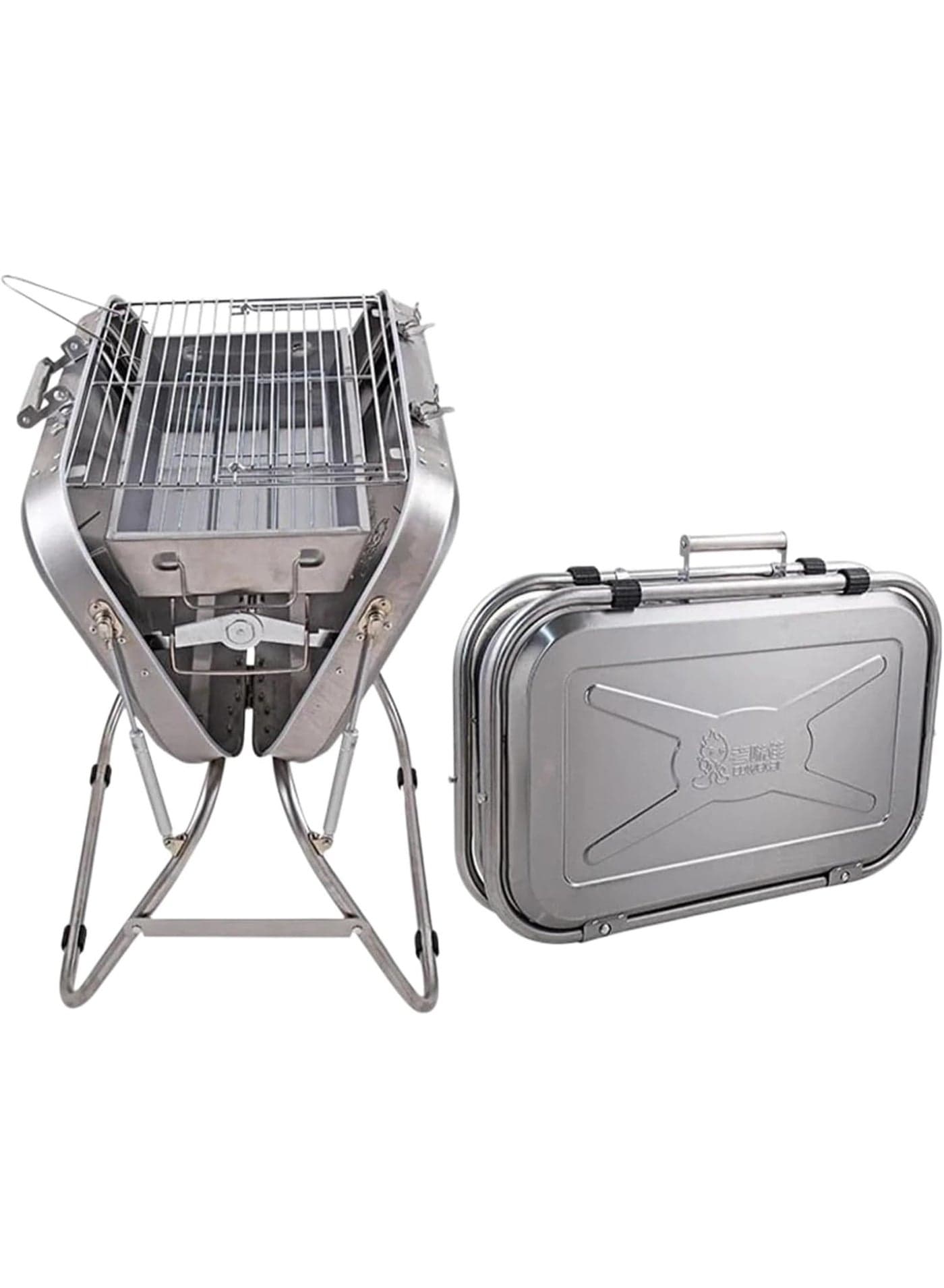 CRONY 8828 Portable Charcoal BBQ Grill, Folding Suitcase Camping Grill, Stainless Steel Outdoor Barbecue with Grill Grate & Charcoal Catcher for Camping, Picnic, Garden & Travel