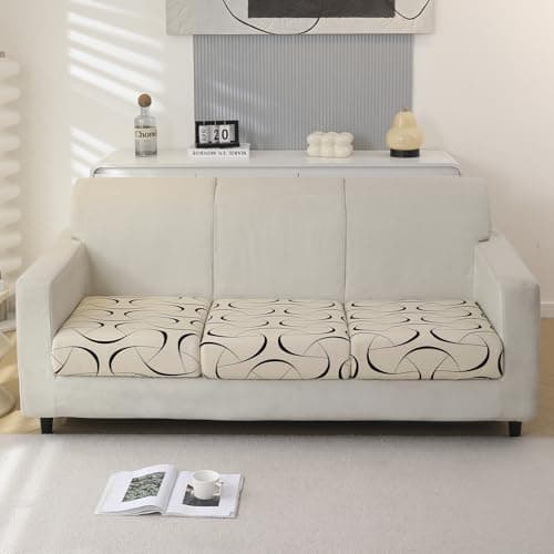 HOKIPO 'Elira Series' 140gsm Elastic Individual Seat Cushion Cover, 3-Piece Sofa Cushion Cover, Natural Beige Abstract Art (AR-5348-C4*3)