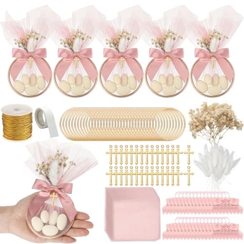 Geelin 24 Set Baptism Almond Candy Favors Christening Tulle Bags Rings Ribbion DIY Candy Bags First Communion Favors for Guest Wedding Bridal Shower Gifts No AlmondPink