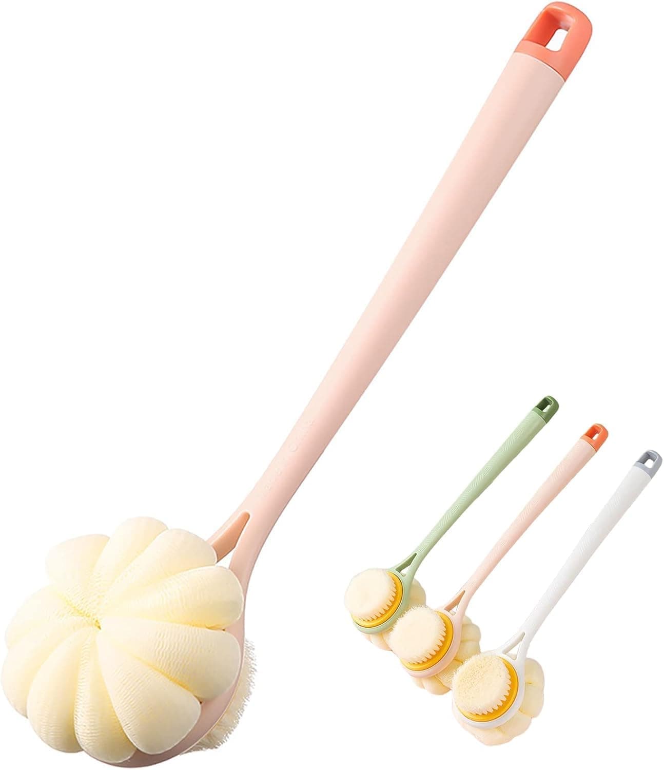 DNC 2 in 1 Bath Body Brush, Long Handle to Reach Back, Soft Bristle & Loofah Exfoliator, Non-Slip Curved Grip, Multicolour