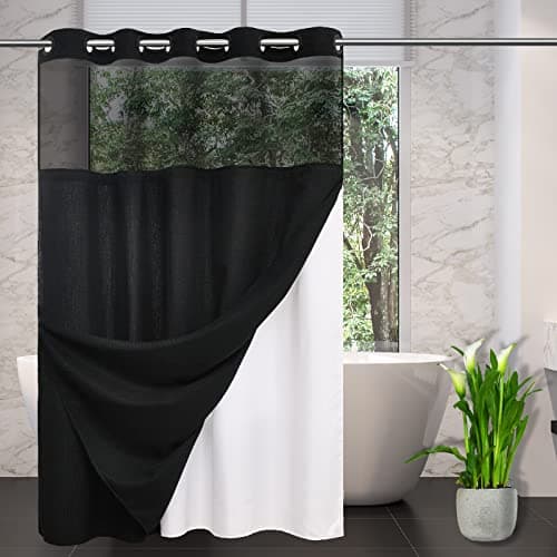 CYPL No Hooks Required Waffle Weave Shower Curtain with Snap in Liner-Hotel Grade Waterproof & Mesh Top Window Spa Like Bath Curtain Machine Washable Heavy Duty 71Wx74L(Black)