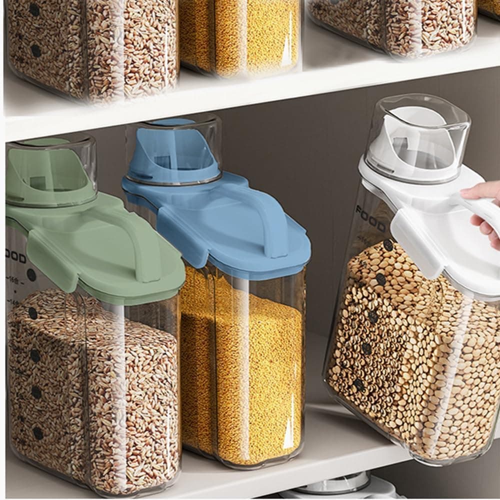 GLITZEN Cereal Containers Storage 2L Airtight Large Dry Food Storage Containers with Pouring Spout Measuring Cup for Flour and Grain BPA Free Dispenser Plastic Bin Multicolour PACK OF 3