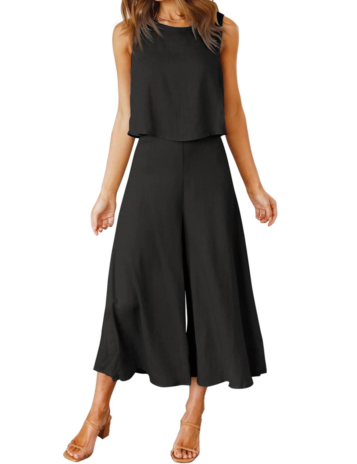 ROYLAMP Womens Summer 2 Piece Outfits Round neck Crop Basic Top Cropped Wide Leg pants Set Jumpsuits Black XS