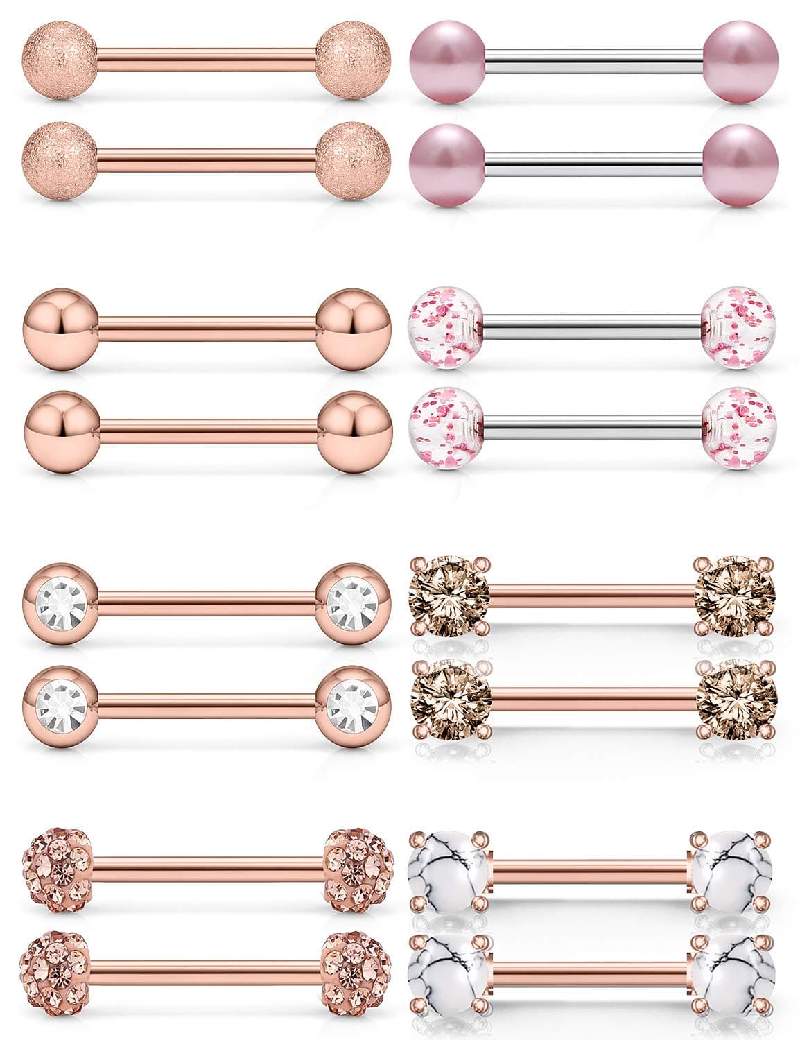 SCERRING 14G Nipple Rings Stainless Steel Nipplerings Tongue Straight Barbell Rings Body Piercing Jewelry for Women Men 9/16Inch 8 Pairs Rose Gold