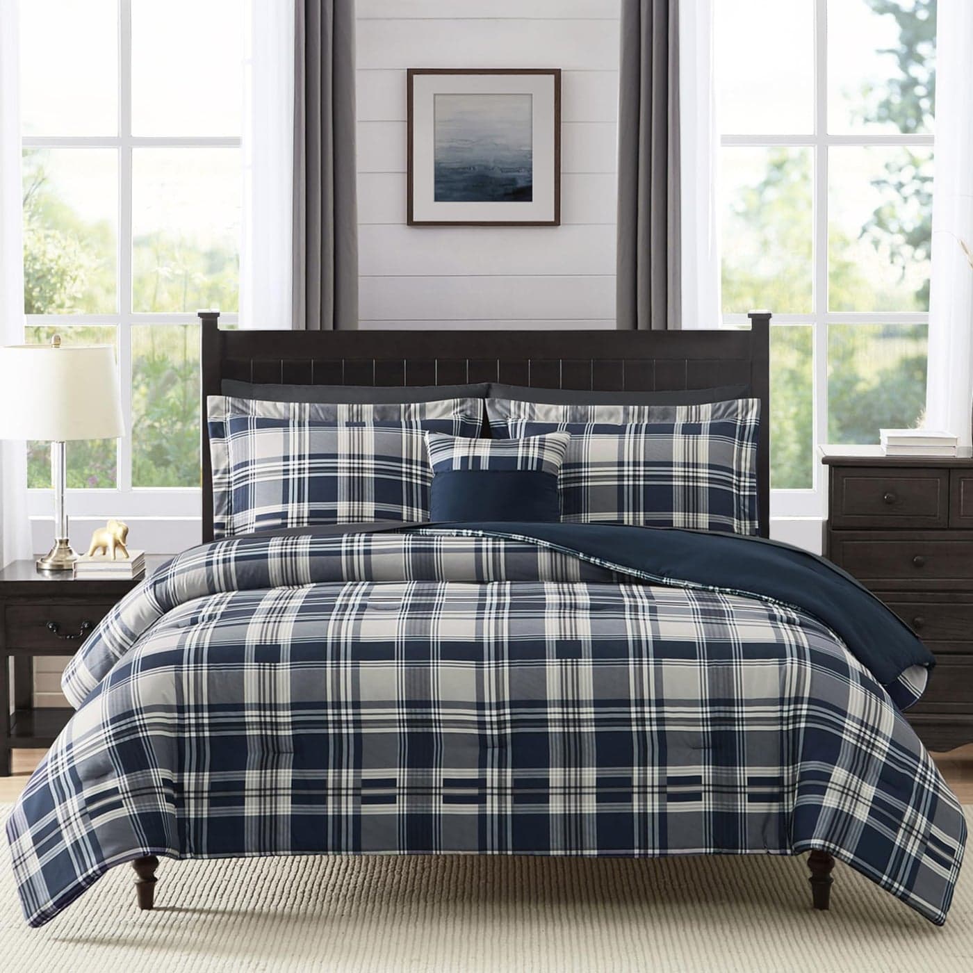 MaiRve Full Size Comforter Set Navy Blue Plaid Design Comforter Set 7 Pieces All Season Comfortable Bedding Sets Full Lightweight Soft and Warm Navy Blue Full