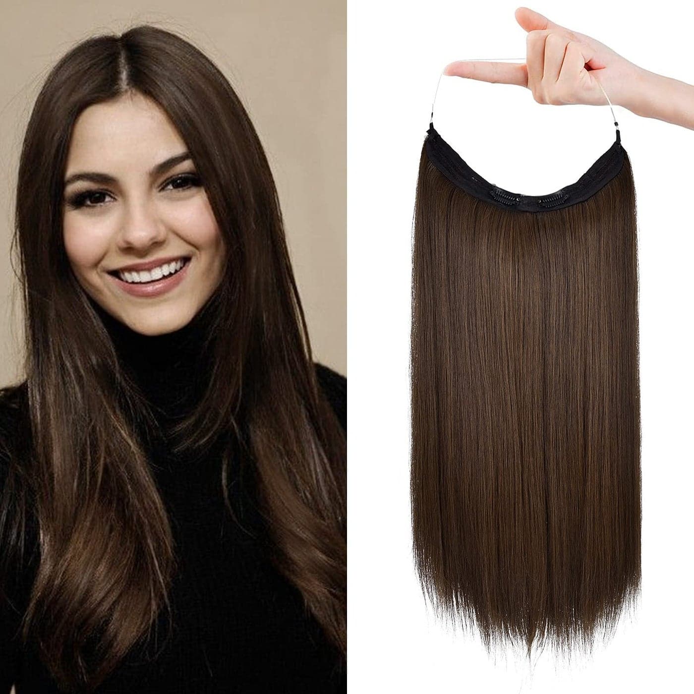 REECHO Invisible Wire Hair Extensions with Transparent Headband Adjustable Size Removable Secure Clips in Straight Secret Hairpiece for Women 16 Inch Pack of 1 Dark Brown with Copper Highlights