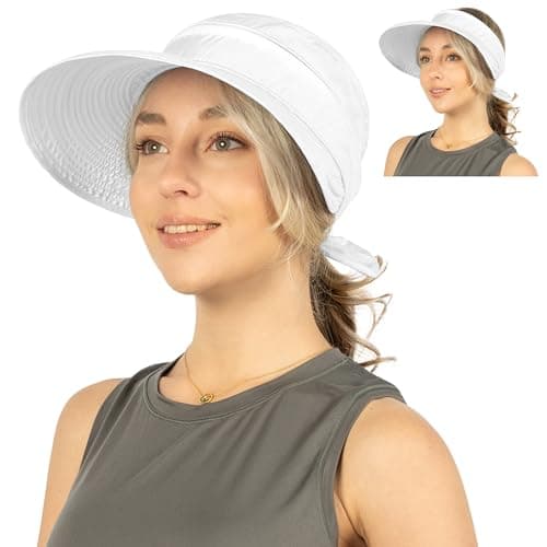 SUN CUBE Women Sun Hat for Outdoor UV Protection, Wide Brim Sun Hat Ponytail, Convertible Zip-Off Beach Hat Visor for Golf Gardening Pool Travel, Foldable Summer UPF50+ Visor Hat, White