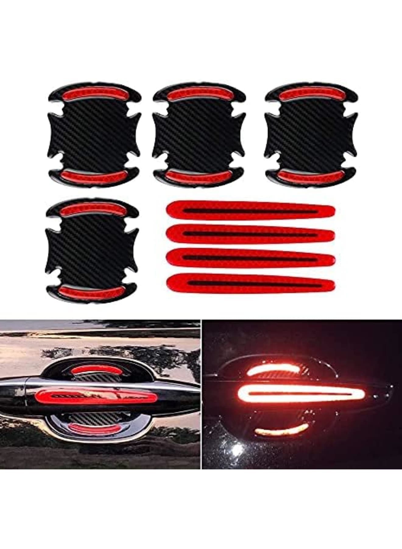 Car Door Cup Handle Paint Scratch Protector Sticker 3D Carbon Fiber Universal Auto Door Handle Scratch Protection Cover Guard Film Car Door Handle Safety Reflective Strips (Red)