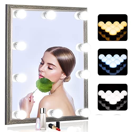 SICCOO Vanity Mirror Lights, 10 Dimmable Bulbs DIY Hollywood Style LED Makeup Mirror Lights with USB Cable, Lighting Fixture Strip for Makeup Dressing Table Bathroom, White, Framed, Round, Wall Mount