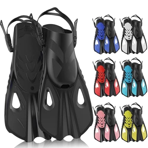 MELUMILU Snorkel Fins Swim Fins Travel Size Short Adjustable for Snorkeling Diving Adult Men Women Open Heel Swimming Flippers Black