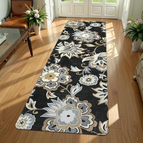 Lahome Floral Washable Runner Rug - 2x6 Runners for Hallways Non-Slip Low-Pile Kitchen Rug, Black Paisley Print Carpet for Laundry Bedroom Entryway ((2’X 6’, Blacak)