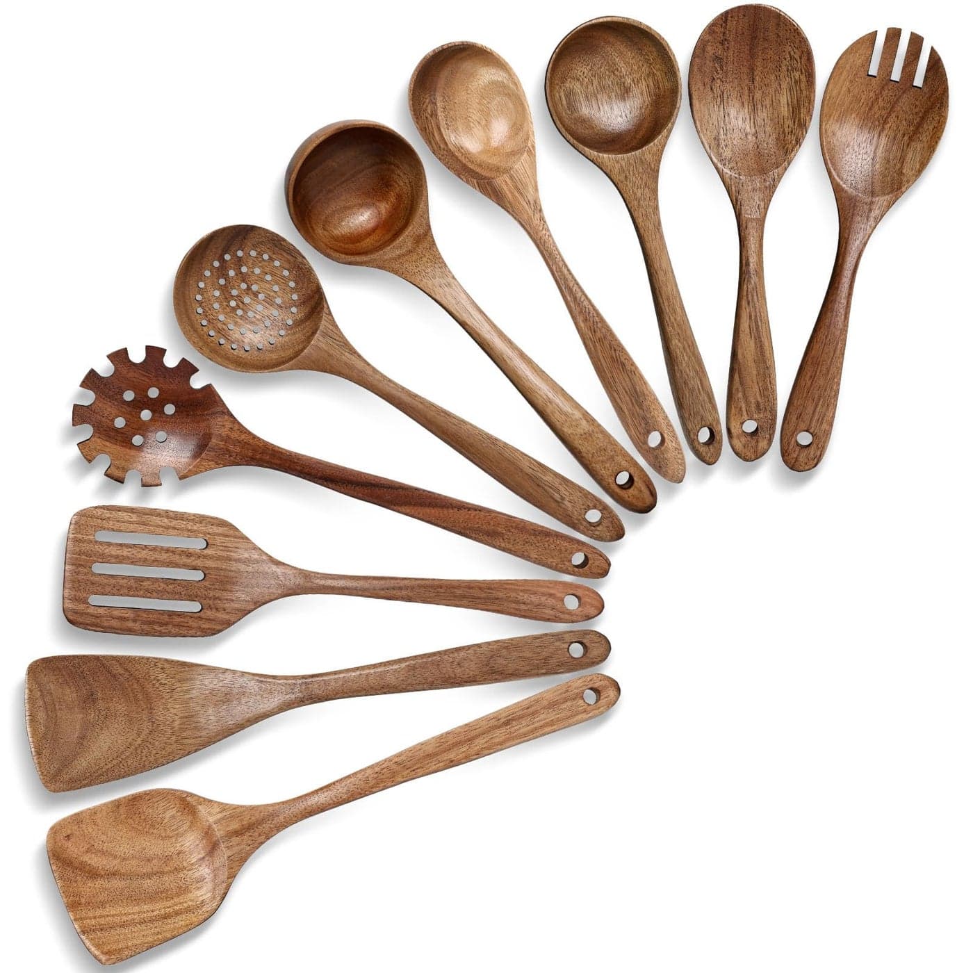 HAKSEN Wooden Spoons for Cooking 10PCS Natural Acacia Wood Kitchen Utensils Set Wooden Utensil Set for Nonstick Cookware Smooth Finish Sturdy Durable