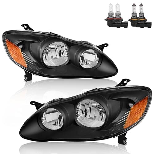 KUIPERAUTO Headlights Assembly Compatible for 20032008 Toyota Corolla Halogen with Clear Lens Black Housing Amber Reflector Head Lamps Left and Right Side Set of 2